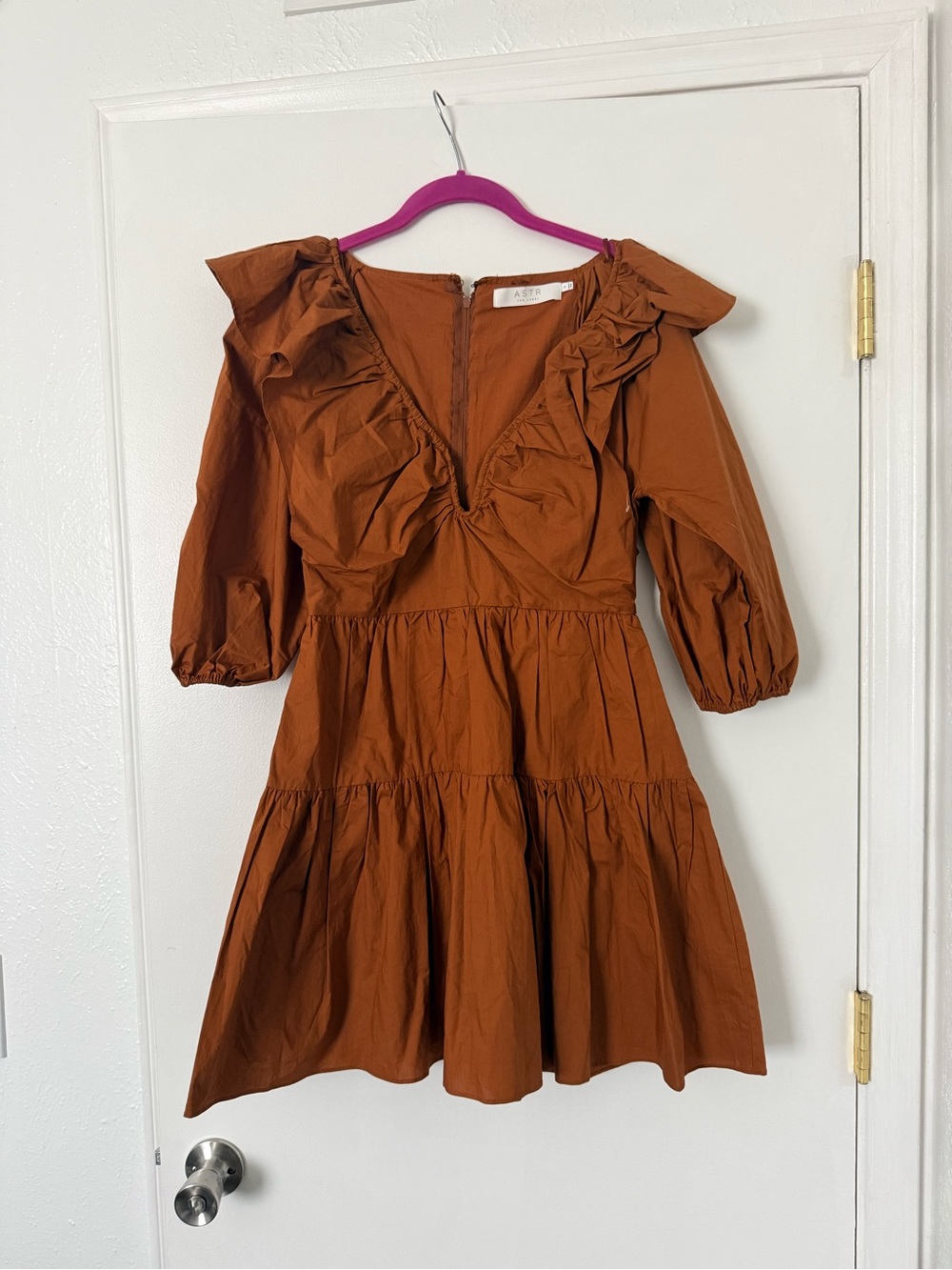 ASTR Rust Ruffle V-Neck Tiered Mini Dress